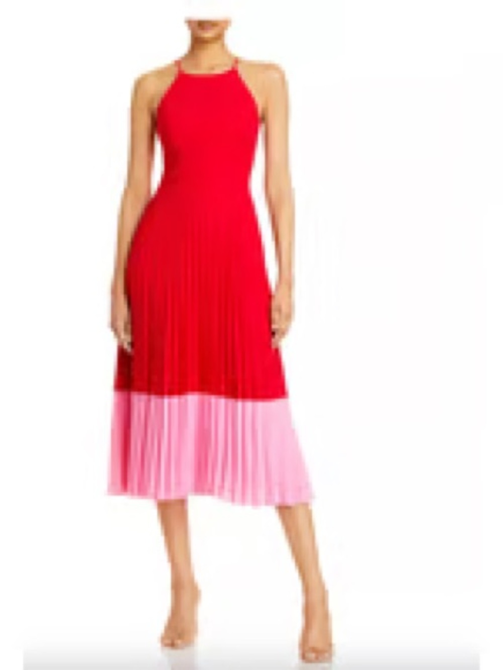 Aidan Mattox Red and Light Pink Halter Pleated Midi Dress
